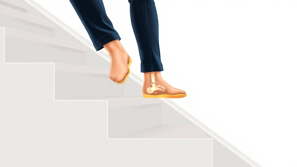 계단 하강 시 발의 착지와 무릎 굽힘 각도를 보여주는 측면 이미지