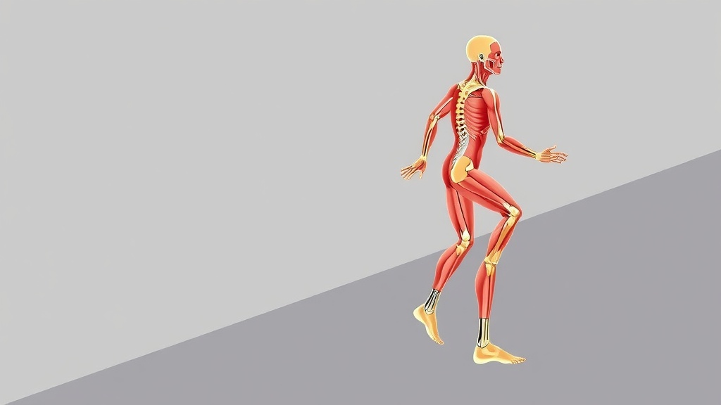 경사를 내려올 때 신체 균형과 무게 중심 이동을 나타낸 다이어그램