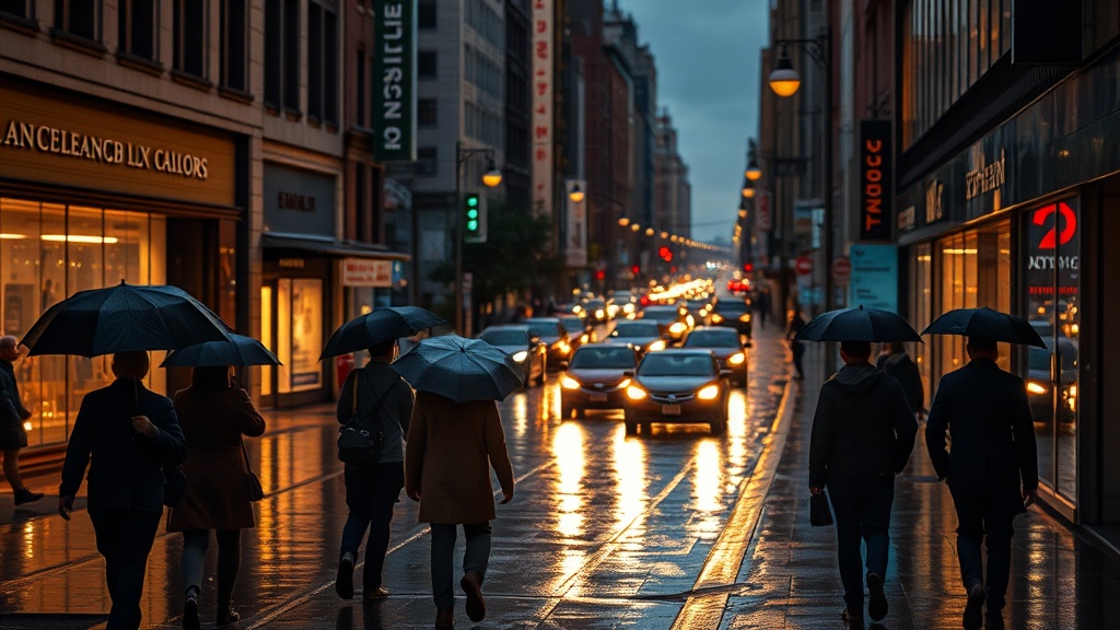 비오는 날 혼잡한 도심에서 우산을 쓰고 걷는 사람들의 전경
