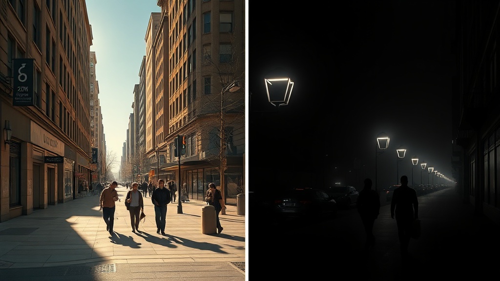 밝은 낮과 어두운 밤에 같은 장소를 걷는 대조적 장면